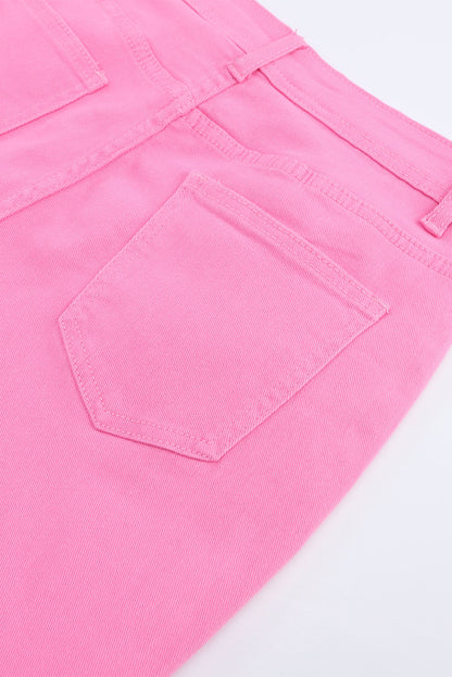 High Rise Flared Leg Raw Hem Pink Denim Jeans