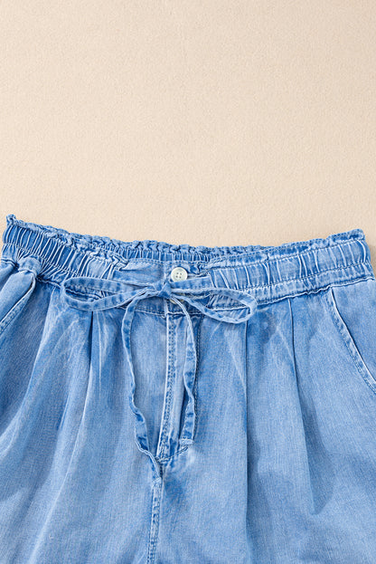 High Rise Drawstring Waist Chambray Denim Blue Jean Shorts