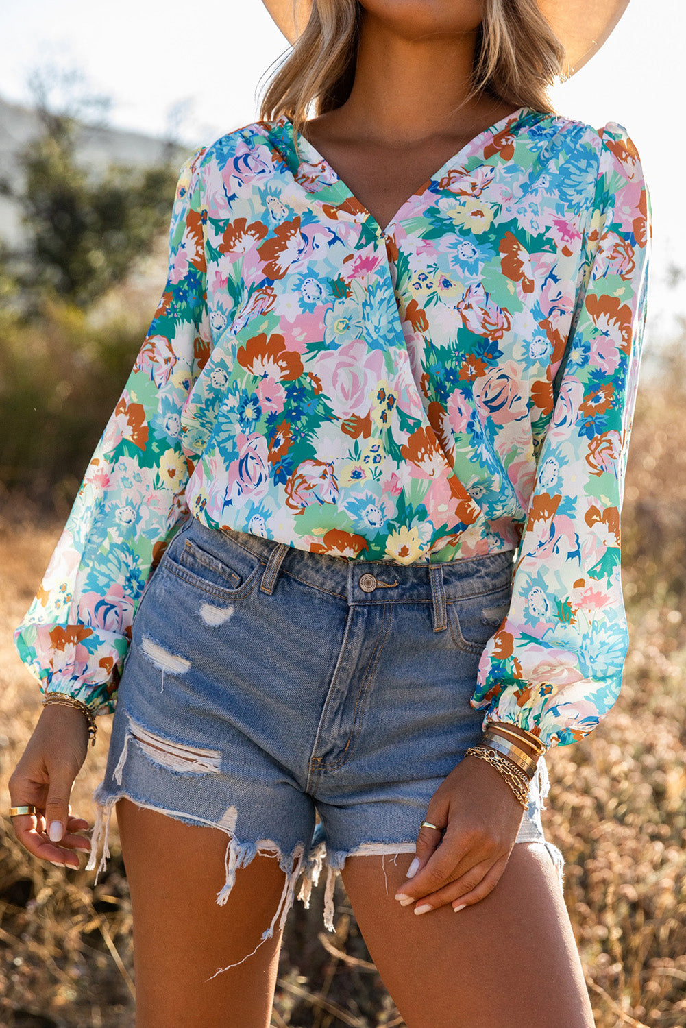 Long Sleeve Floral Print V-neck Bodysuit