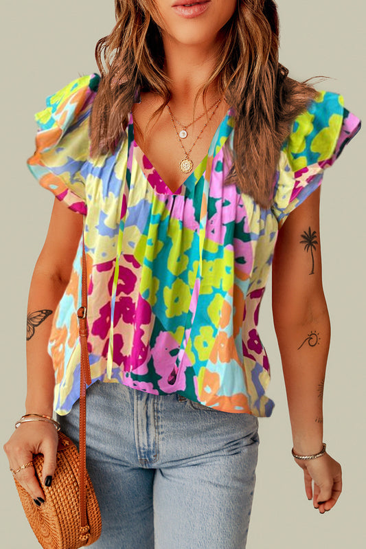 Flutter Sleeve Floral Print V-neck Top