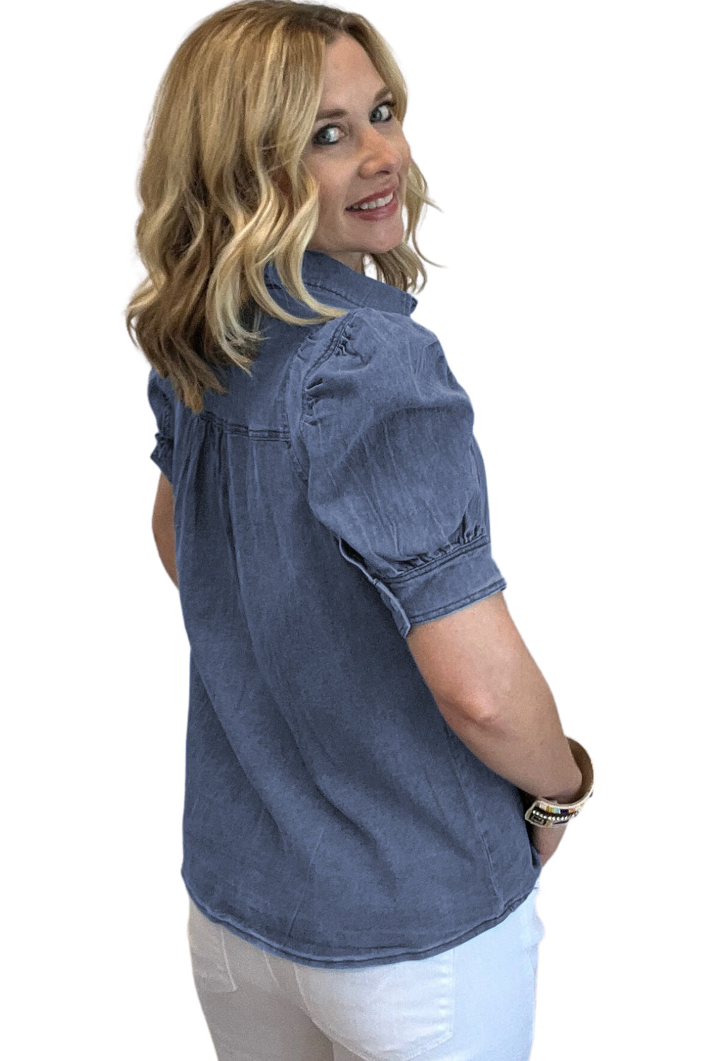 Short Sleeve Button-down Chambray Denim Blue Jean Shirt/Top