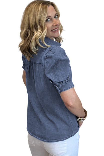 Short Sleeve Button-down Chambray Denim Blue Jean Shirt/Top