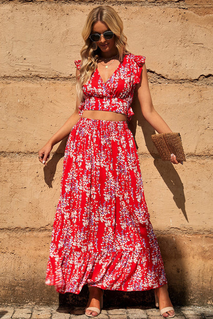 Flutter Sleeve Floral Print V-neck Maxi Skirt Set