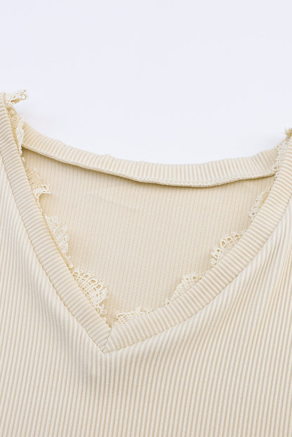 Long Sleeve V-neck Lacey Ribbed Sweater