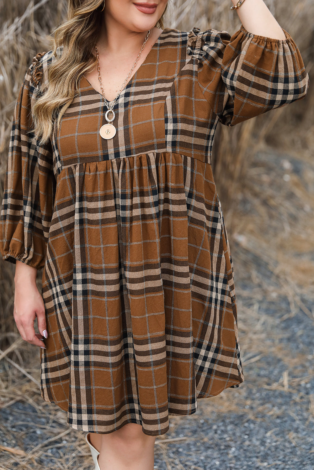 Short Sleeve V-neck Plaid Plus Size Mini Dress