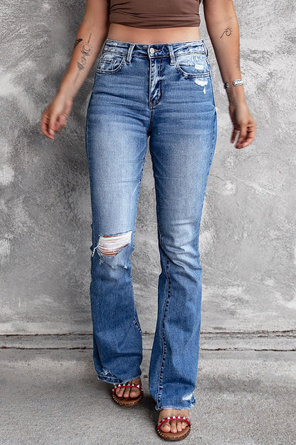 Mid-Rise Factory Distressed Denim Blue Jeans