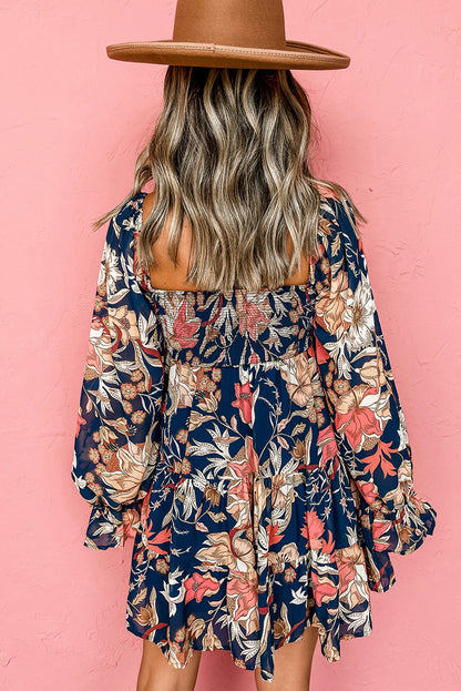 Long Sleeve Floral Print Plus Size Mini Dress