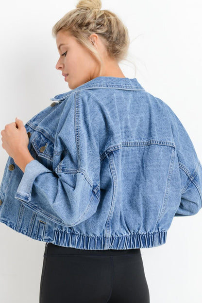 Long Sleeve Drop Shoulder Button-down Cropped Denim Blue Jean Jacket