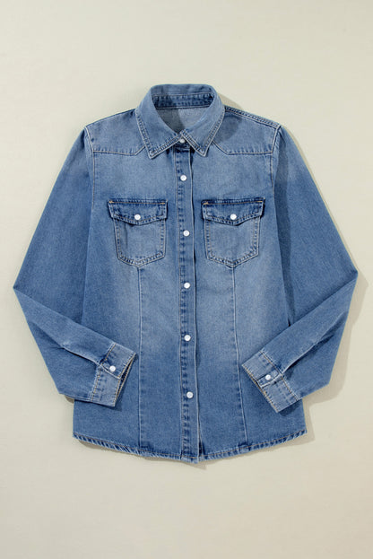 Long Sleeve Button-down Denim Blue Jean Shirt
