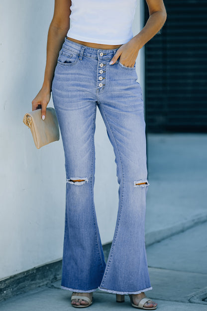 High Rise Flared Leg Distressed Bell Bottom Denim Blue Jeans