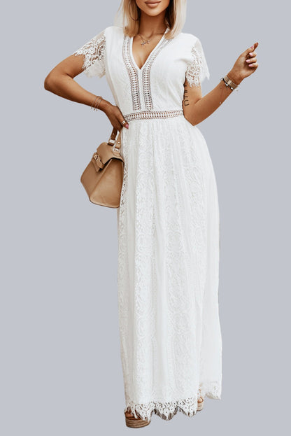 Short Sleeve Eyelash Lace White Maxi dress