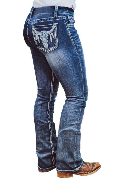 Low Rise Factory Distressed Western Denim Blue Jeans