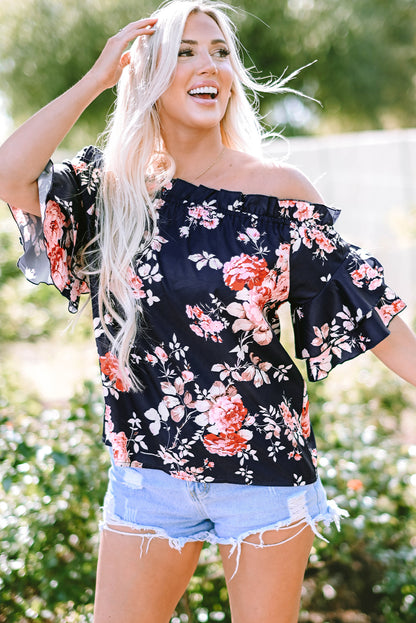 Short Sleeve Off Shoulder Floral Print Blouse