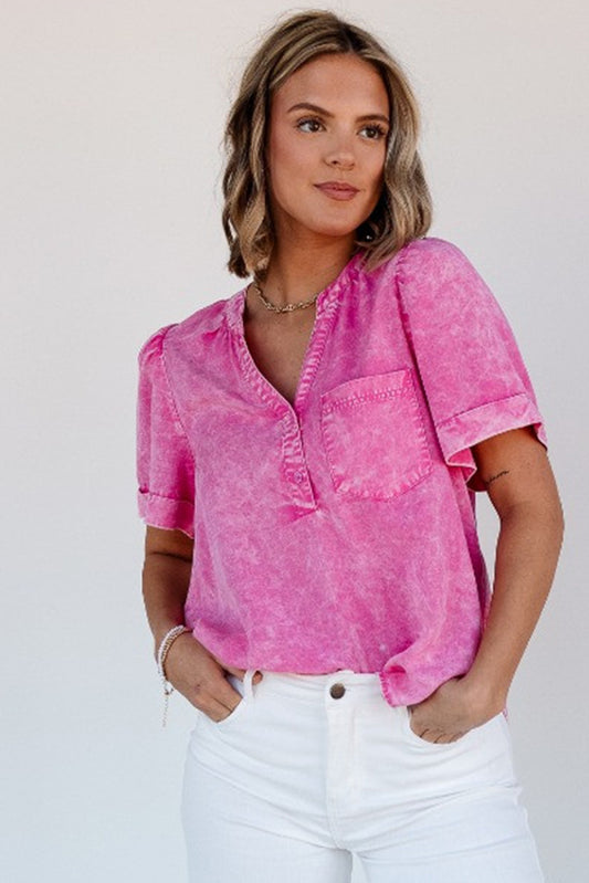 Short Sleeve Split V-neck Pink Denim Chambray Top