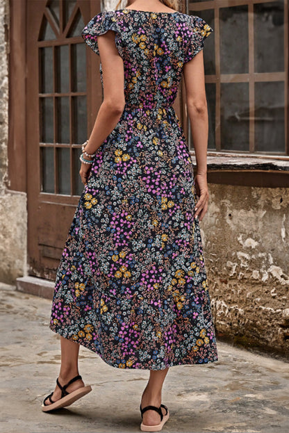 Flutter Sleeve Floral Print V-neck Maxi Skirt Dress