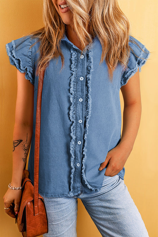 Flutter Sleeve Button-down Denim Jean Shirt