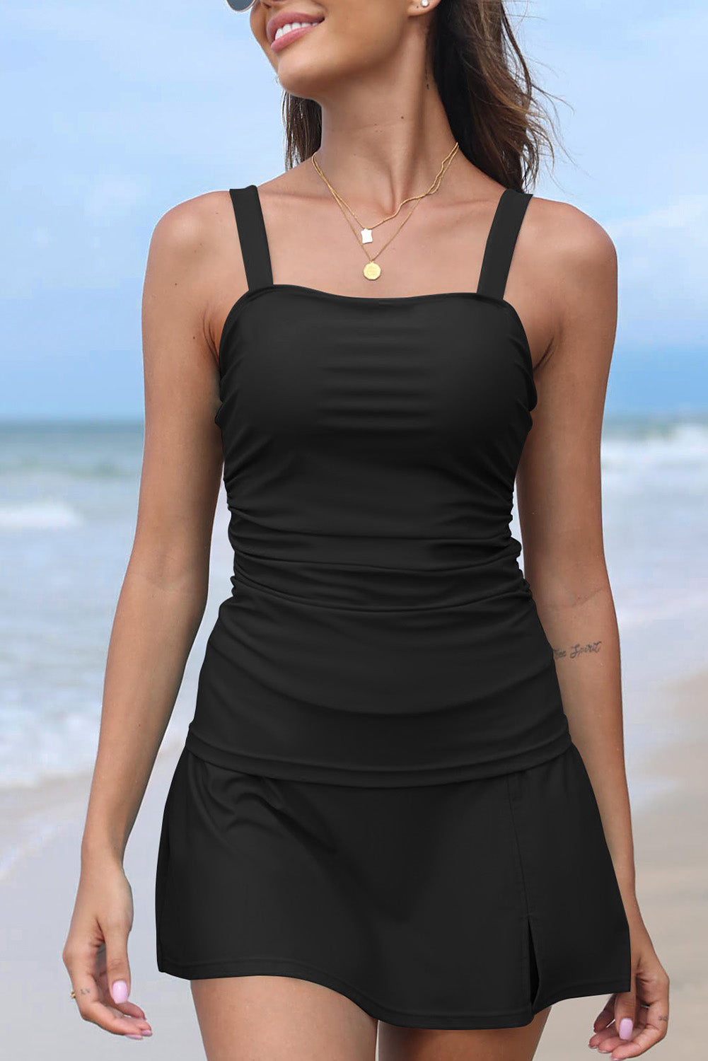 Sleeveless Black Solid Square Neck Tankini Swimsuit