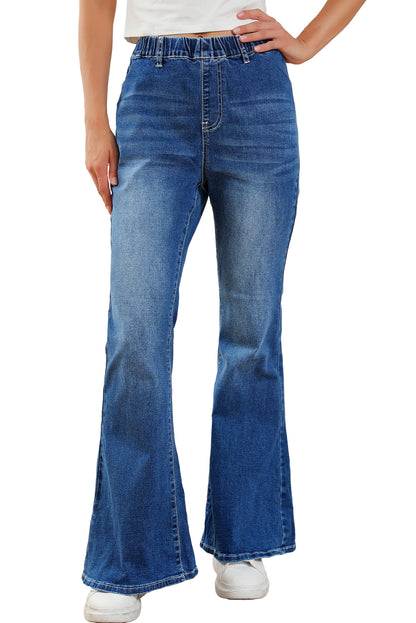 Low-rise Elastic Waist Flared Denim Blue Jeans