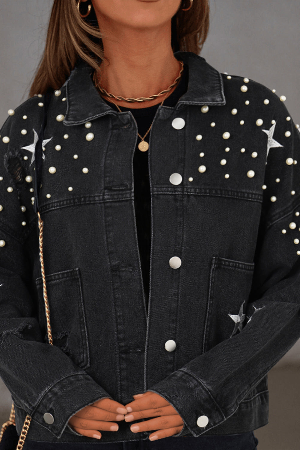 Long Sleeve Button-down Black Denim Jean Jacket