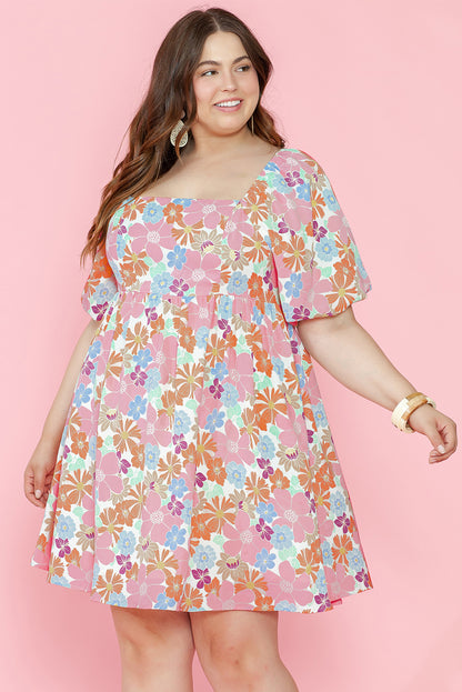 Short Sleeve Floral Print Plus Size Mini Dress