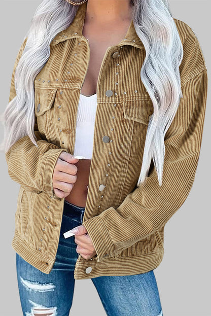 Long Sleeve Button-down Corduroy Jacket with Rhinestones