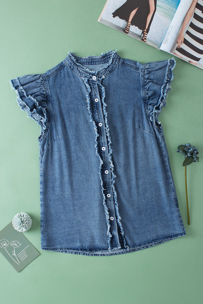 Flutter Sleeve Button-down Denim Jean Shirt