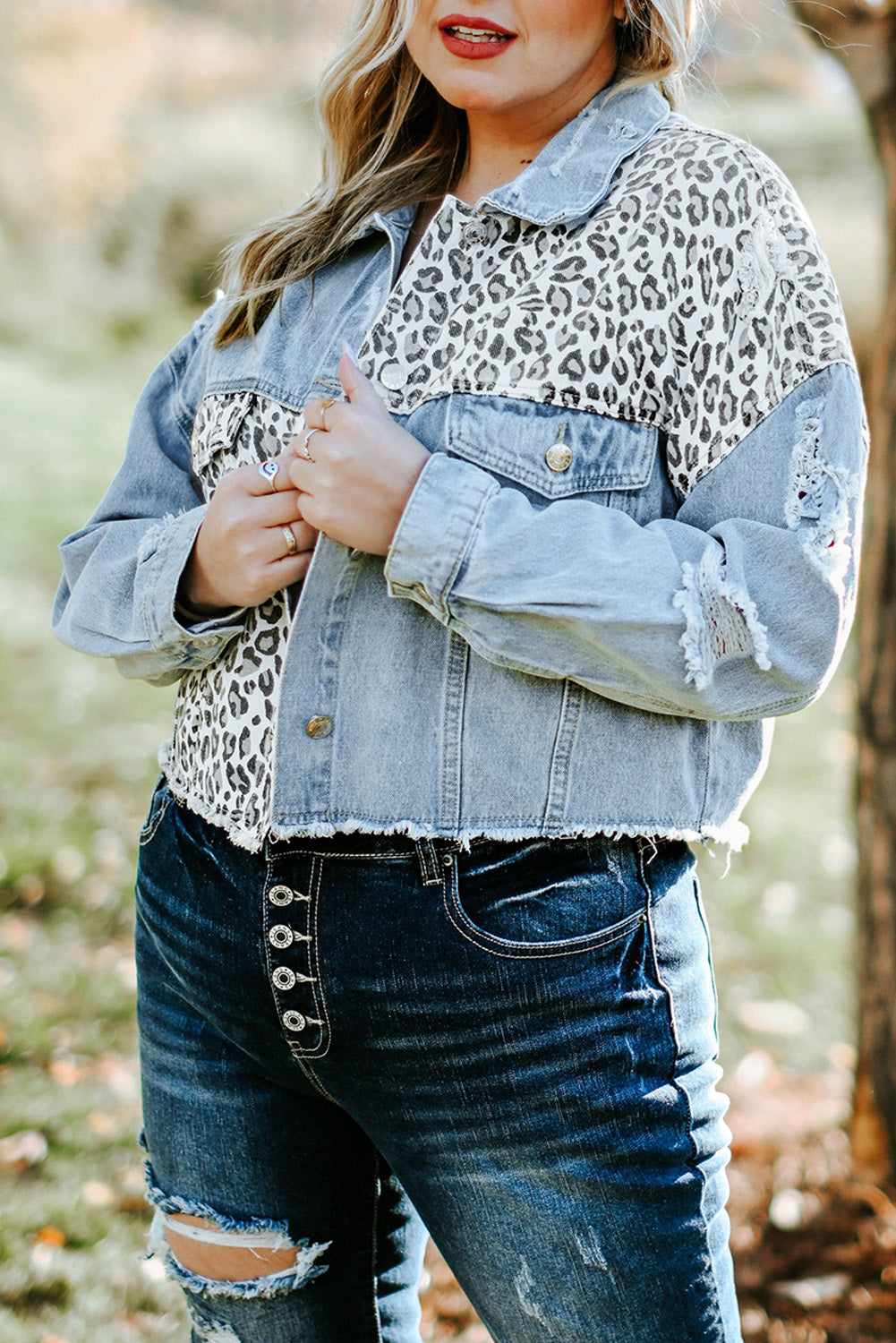 Long Sleeve Button-down Denim Leopard Print Jean Jacket