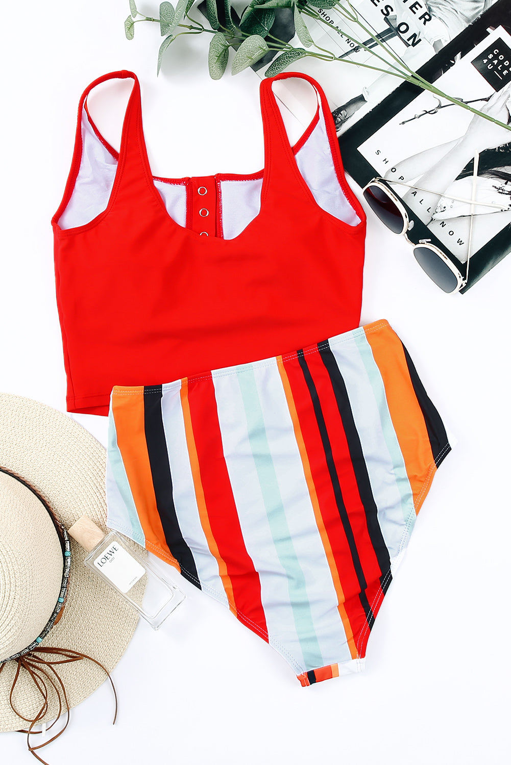 Two-piece Solid Top Tankini Set