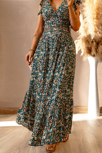 Flutter sleeve Floral Print V-neck Maxi Skirt Set