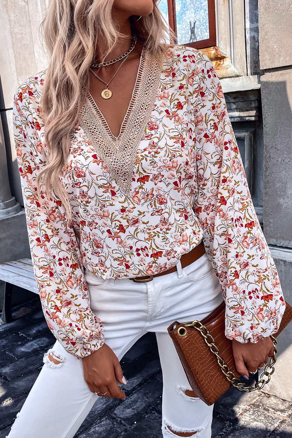 Long Sleeve Floral Print V-neck Top