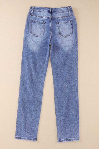 Mid-Rise Distressed Denim Blue Jeans