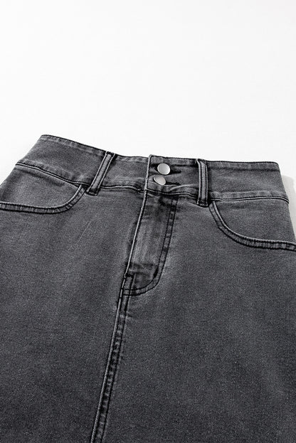 High Rise Black Denim Jean Midi Skirt