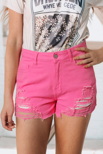 High Rise Raw Hem Pink Denim Jean Shorts