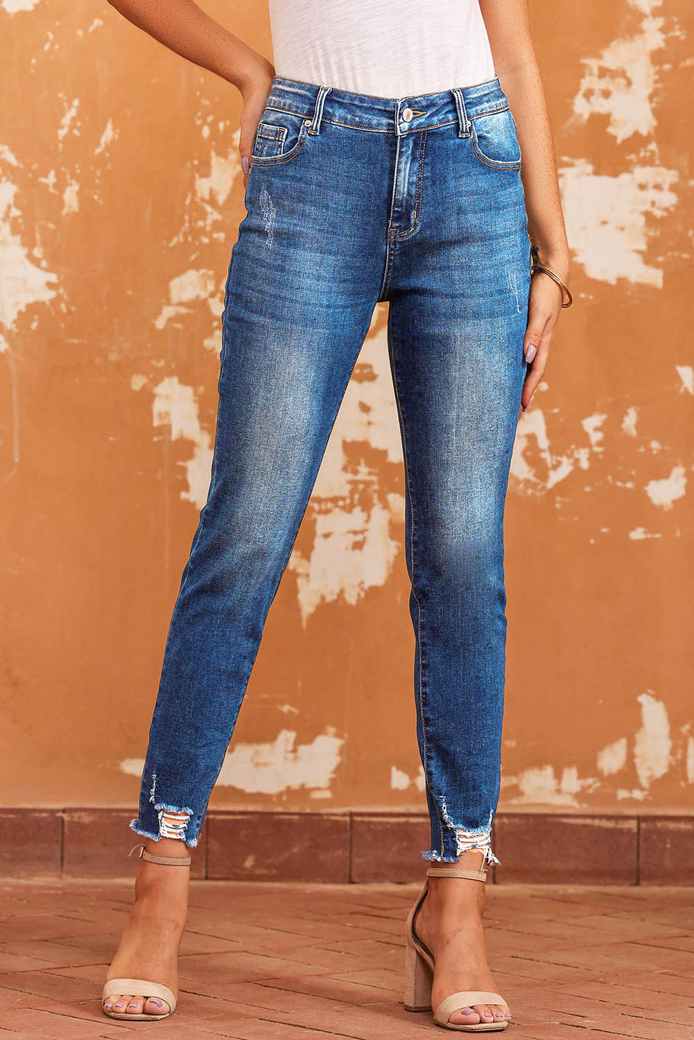 Mid-Rise Distressed Denim Blue Jeans