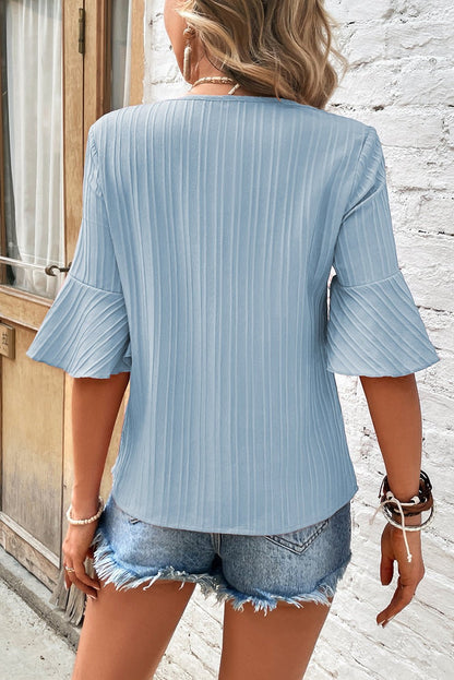 1/2 Sleeve V-neck Bell Sleeve Blue Top