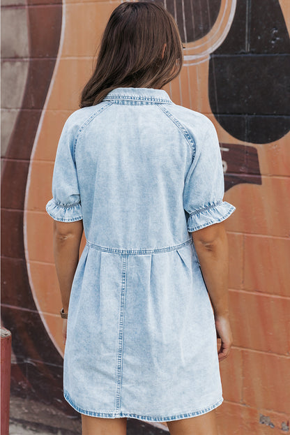 Short Sleeve Button-Down Denim Blue Jean Mini Dress