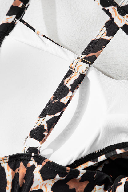 One-Piece Black and Leopard Print Swimsuit