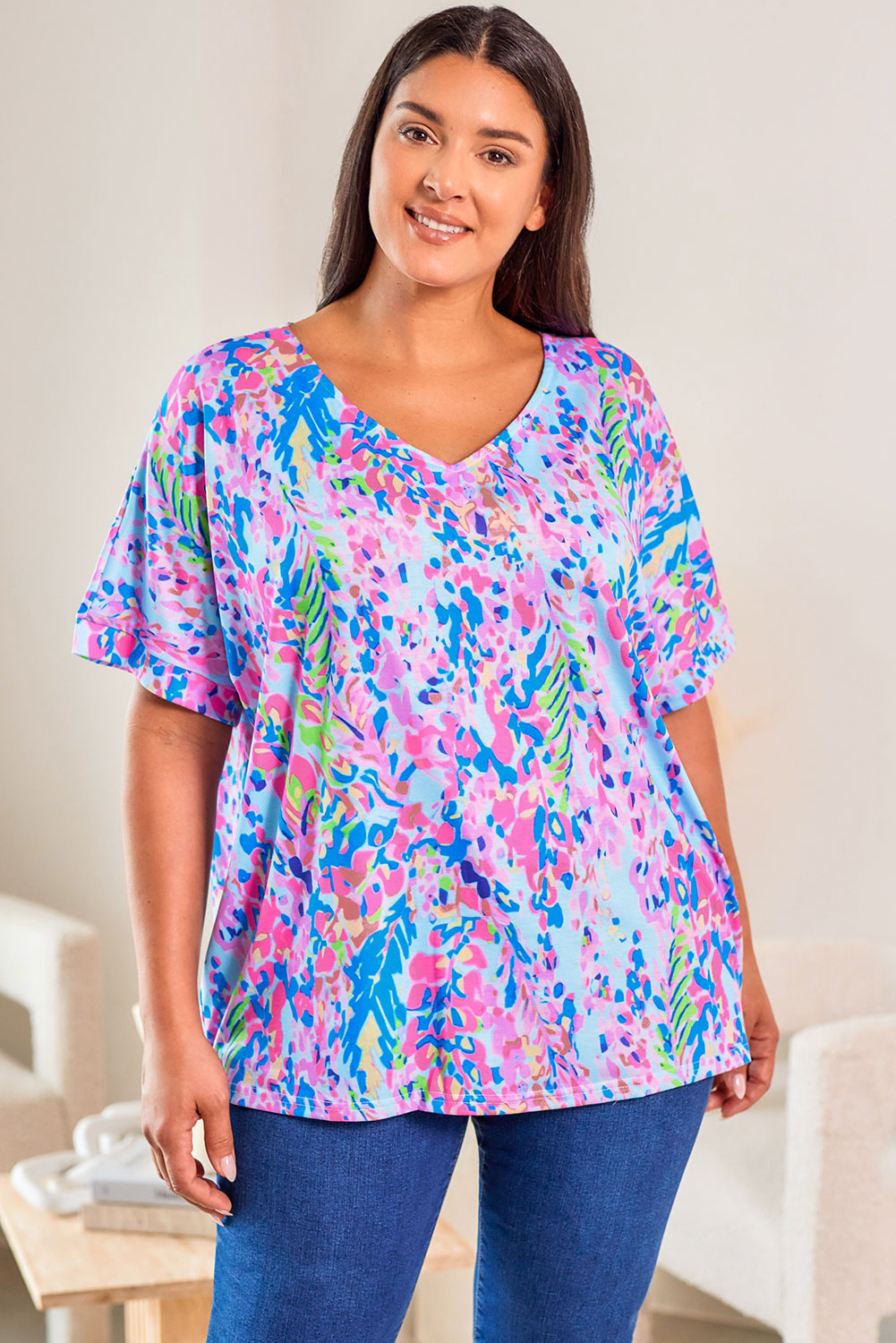 Short Sleeve V-Neck Floral Print Top