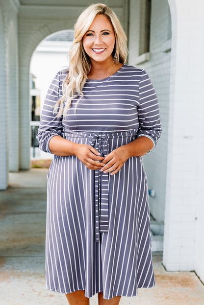 3/4 Sleeve V-neck Striped Midi Dress