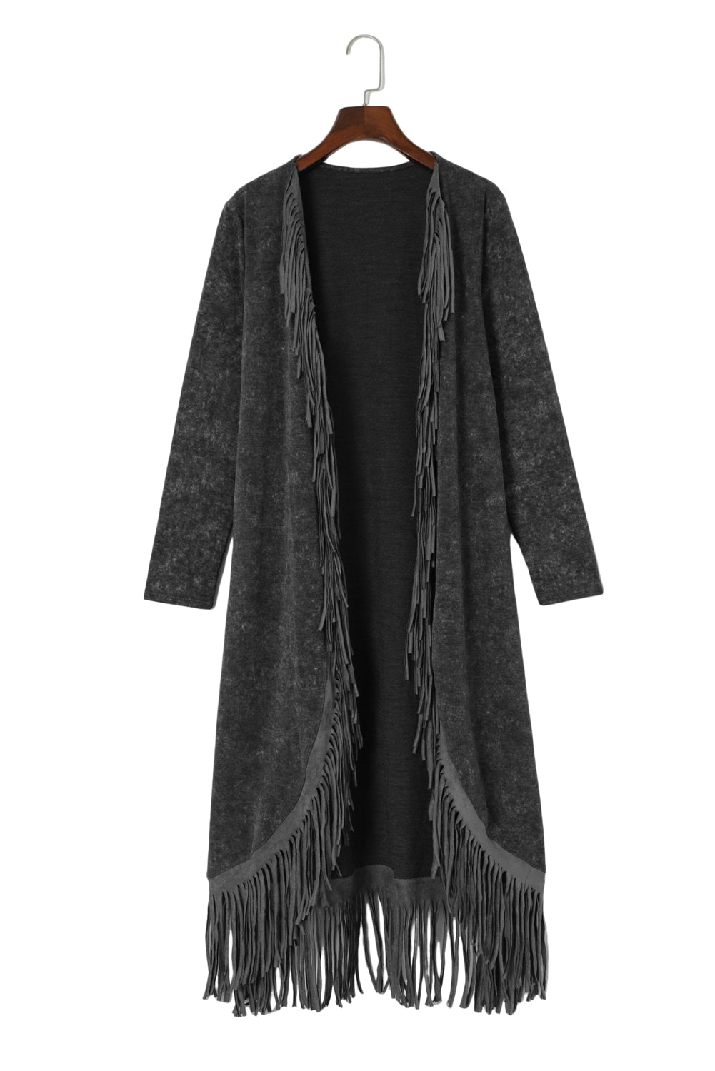 Black Long Western Style Open Front Cardigan with Fringe Detail