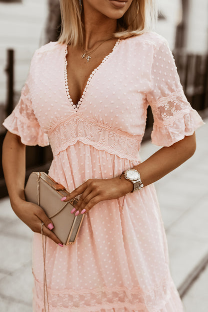 Short Sleeve V-neck Swiss Dot Pink Maxi Dress