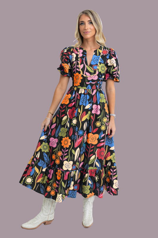 Short Sleeve Floral Print V-neck Maxi dress