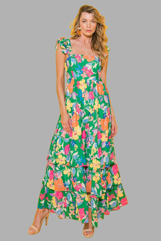 Sleeveless Floral Print Ruffled Maxi Dress