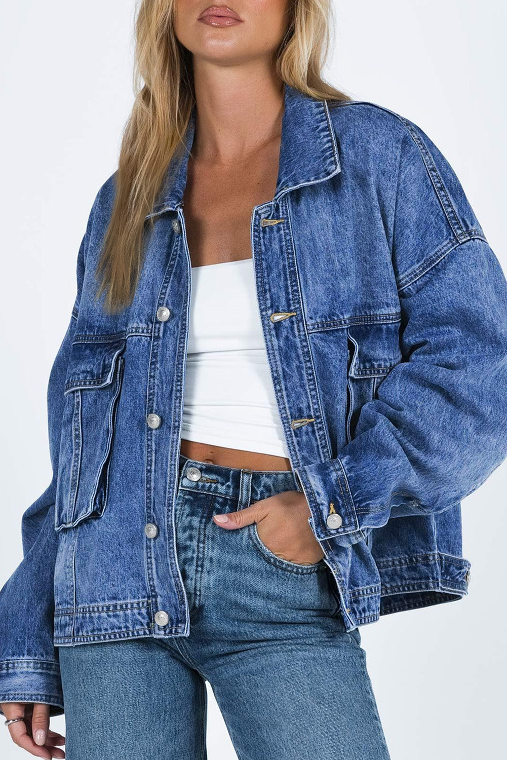 Long Sleeve Button-down Oversized Denim Blue Jean Jacket