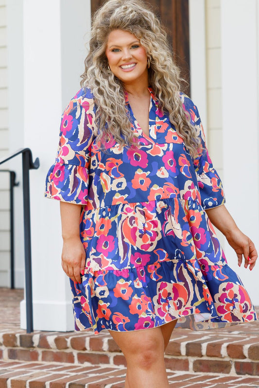 3/4 Sleeve Plus Size Floral Print Ruffled Mini Dress