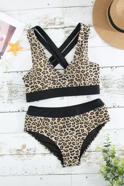 Two-Piece Leopard Print and Black Swimsuit