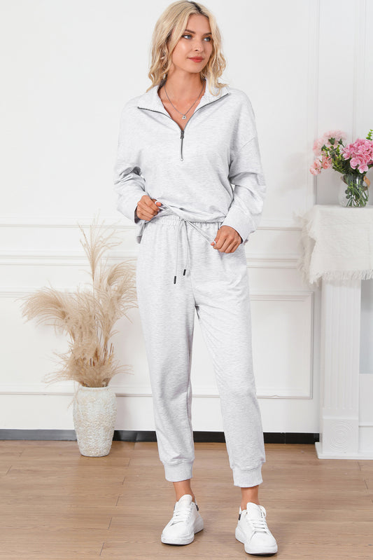 Gray Solid Half Zip Sweatshirt with Drawstring High Waist Sweatpants