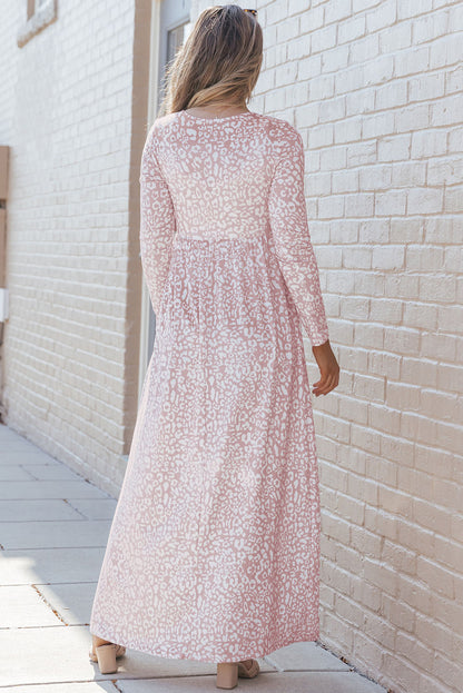 Long Sleeve Leopard Print Pink Maxi Dress