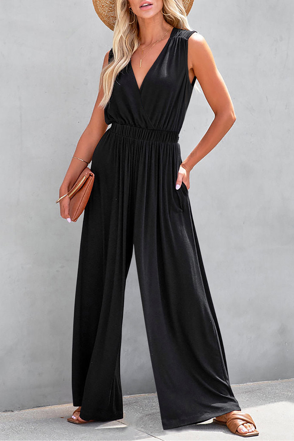 Sleeveless V-neck Wide Leg Pleated  Jumpsuit