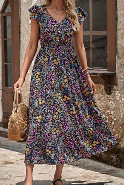 Flutter Sleeve Floral Print V-neck Maxi Skirt Dress